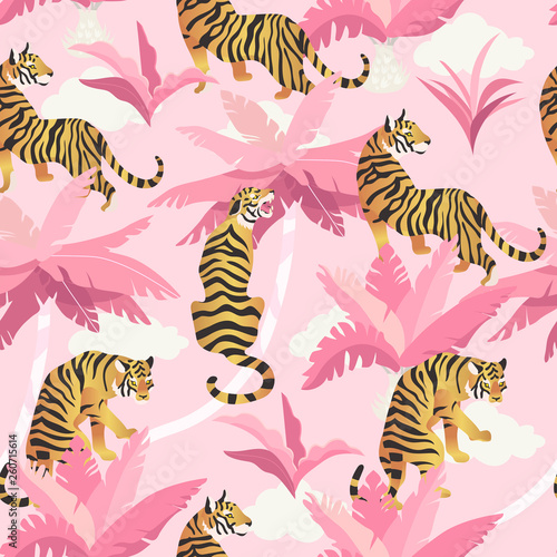 Vector illustration of tigers with tropical leaves and exotic plants on a pink background. Trendy seamless pattern.