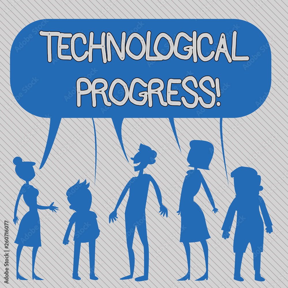Text sign showing Technological Progress. Business photo showcasing an economic measure of innovation and growth Silhouette Figure of People Talking and Sharing One Colorful Speech Bubble Text sign showing Technological Progress. Business photo showcasing an economic measure of innovation and growth Silhouette Figure of People Talking and Sharing One Colorful Speech Bubble