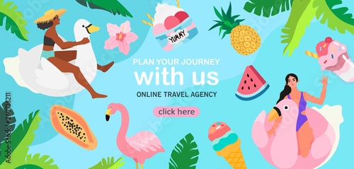 Summer theme banner. Vector illustration of swimming people, exotic fruits and flamingo on a blue background with floral tropic elements. Creative banner, landing page or flyer for travel agency.