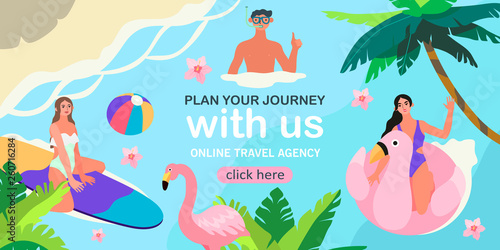 Travelling summer theme banner. Vector illustration of swimming in a sea or ocean happy people and palm tree and leaves. Creative banner, landing page or flyer for travel agency or tour operator.