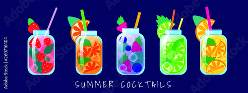Vector set of colofurl tasty summer cocktails in jar cupping glass with lemon, berry, mint, orange