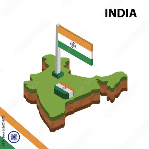 Isometric map and flag of India. 3D isometric Vector Illustration	