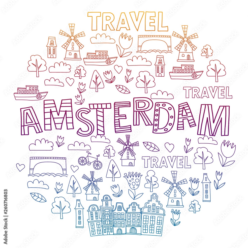 Naklejka premium Vector pattern with Holland, Netherlands, Amsterdam icons. Doodle style.