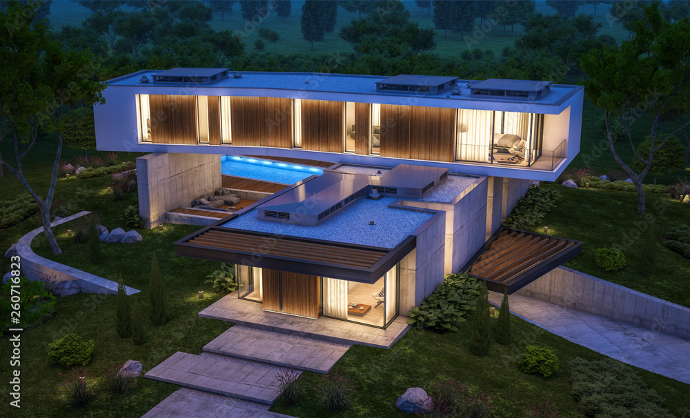 Obraz premium 3d rendering of modern cozy house on the hill with garage and pool for sale or rent with beautiful landscaping on background. Clear summer night with many stars on the sky.