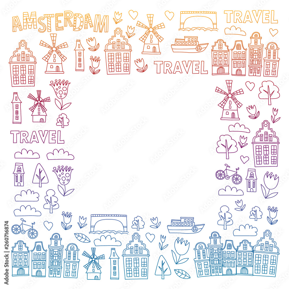 Vector pattern with Holland, Netherlands, Amsterdam icons. Doodle style. Vector pattern with Holland, Netherlands, Amsterdam icons. Doodle style.