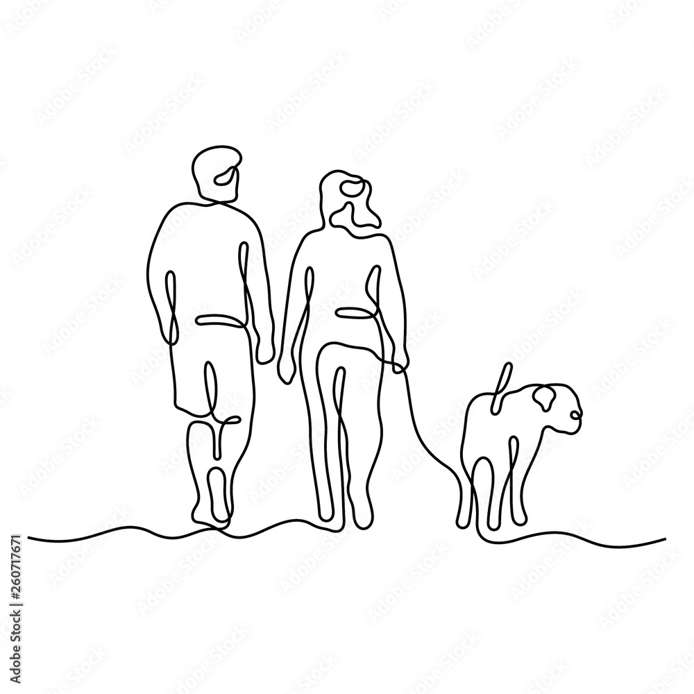 Couple walking with a dog continuous line vector illustration Stock