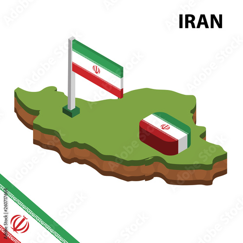 Isometric map and flag of Iran. 3D isometric Vector Illustration	