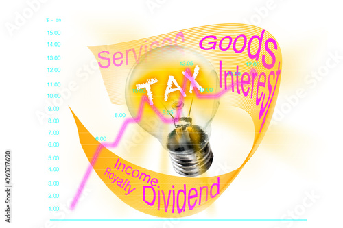 Tax. A line graph that shows the increase in taxable objects, depicted in a light bulb that seeps into various actions and events. photo