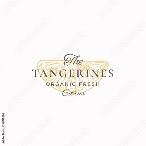 The Tangerines Organic Fresh Citrus Abstract Vector Sign, Symbol or Logo Template. Elegant Tangerine Piece Sillhouette with Retro Typography. Vintage Luxury Emblem.