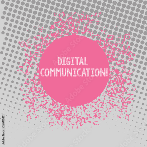 Text sign showing Digital Communication. Business photo text exchange of data that transmits in a digital form Disarrayed and Jumbled Musical Notes Icon Surrounding Blank Colorful Circle