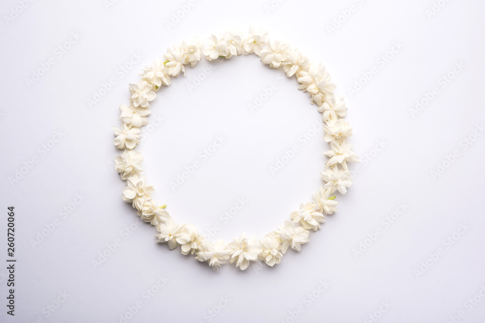 Jasminum sambac or Mogra Flower arranged in a circular or rectangular frame shape over white background, selective focus Jasminum sambac or Mogra Flower arranged in a circular or rectangular frame shape over white background, selective focus