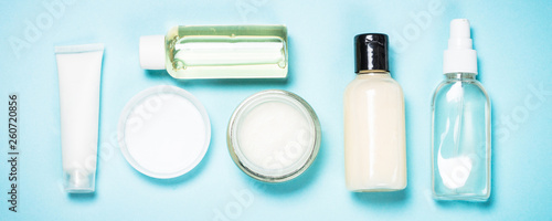 Skin care product, natural cosmetic flat lay.