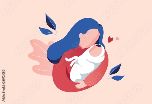 Vector Illustration Of Mother Holding Baby In Arms. Floral Background.