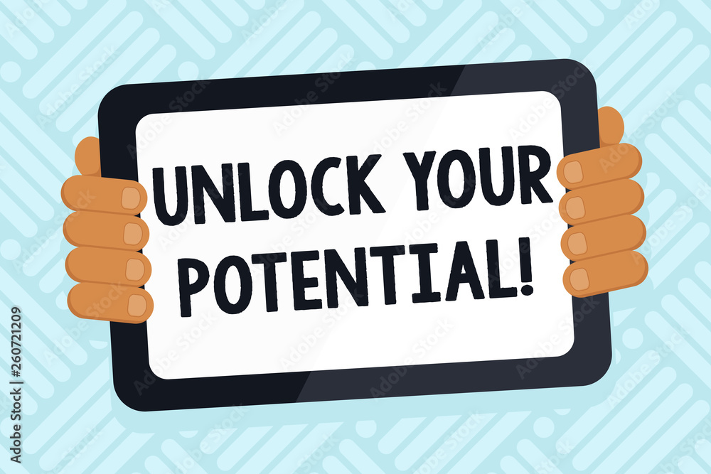 Naklejka premium Handwriting text writing Unlock Your Potential. Conceptual photo release possibilities Education and good training is key Color Tablet Smartphone with Blank Screen Handheld from the Back of Gadget