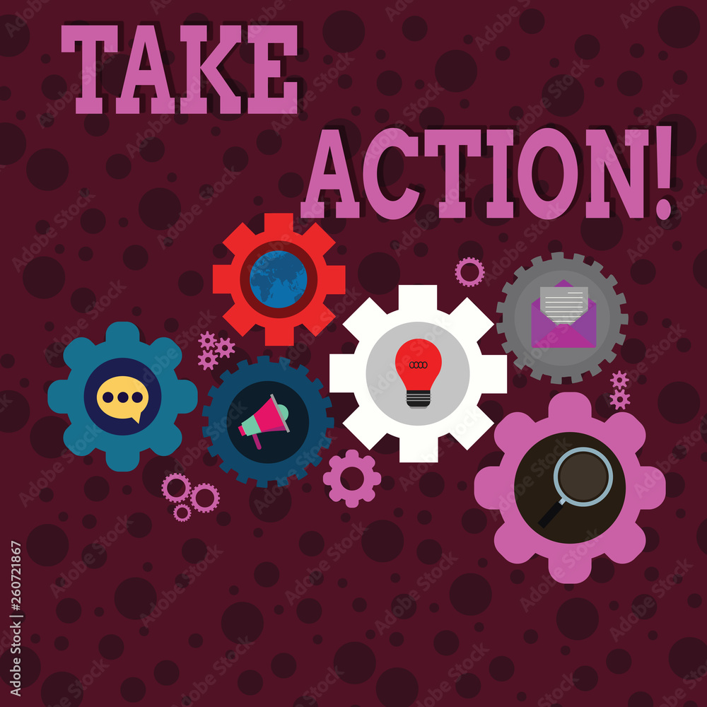 Writing note showing Take Action. Business concept for do something official or concerted to achieve aim with problem Set of Global Online Social Networking Icons Cog Wheel Gear Writing note showing Take Action. Business concept for do something official or concerted to achieve aim with problem Set of Global Online Social Networking Icons Cog Wheel Gear