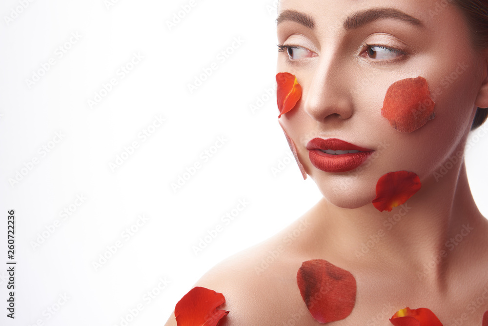 Curious lady with red lips looking to the right Curious lady with red lips looking to the right