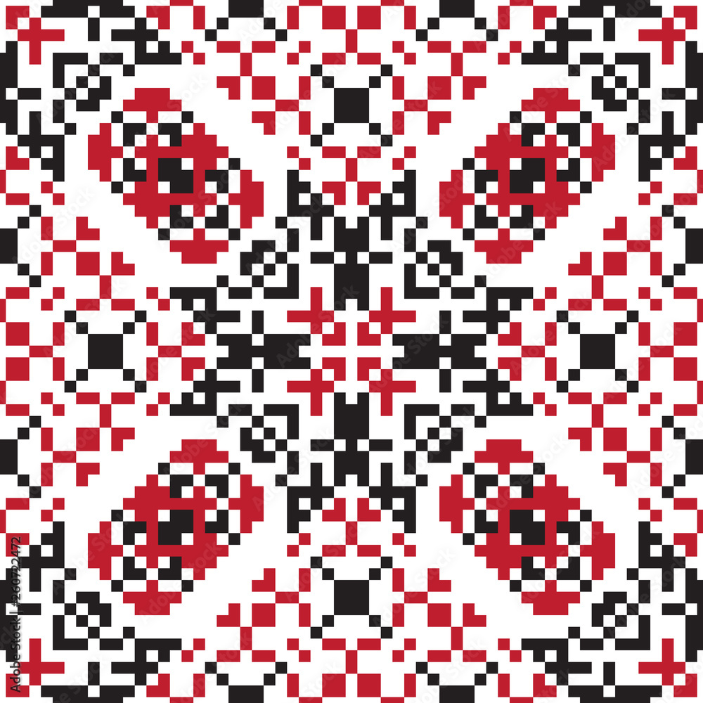 Fototapeta premium Ethnic geometric pattern. Black, red and white seamless background. Pixel boho ornament.