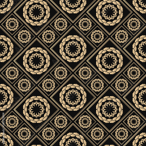 Seamless pattern oriental ornament. Black and golden textile print. Islamic vector design. Floral tiles.
