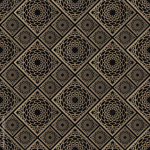 Seamless pattern oriental ornament. Black and golden textile print. Islamic vector design. Floral tiles.