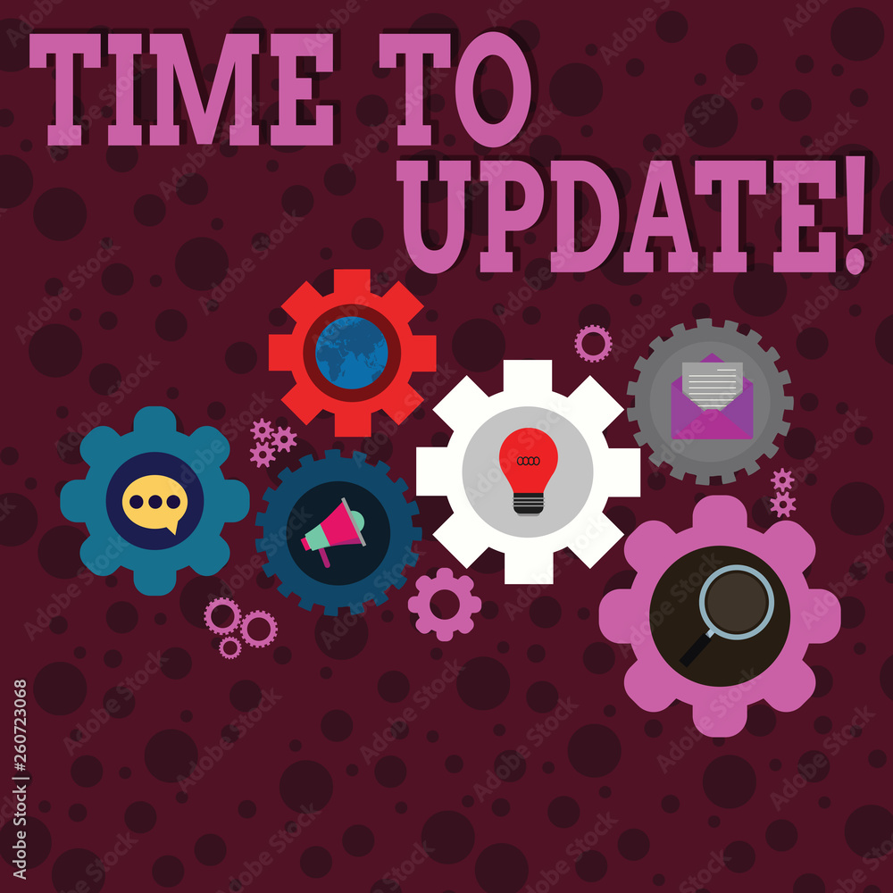 Writing note showing Time To Update. Business concept for this is right moment to make something more modern new Set of Global Online Social Networking Icons Cog Wheel Gear Writing note showing Time To Update. Business concept for this is right moment to make something more modern new Set of Global Online Social Networking Icons Cog Wheel Gear