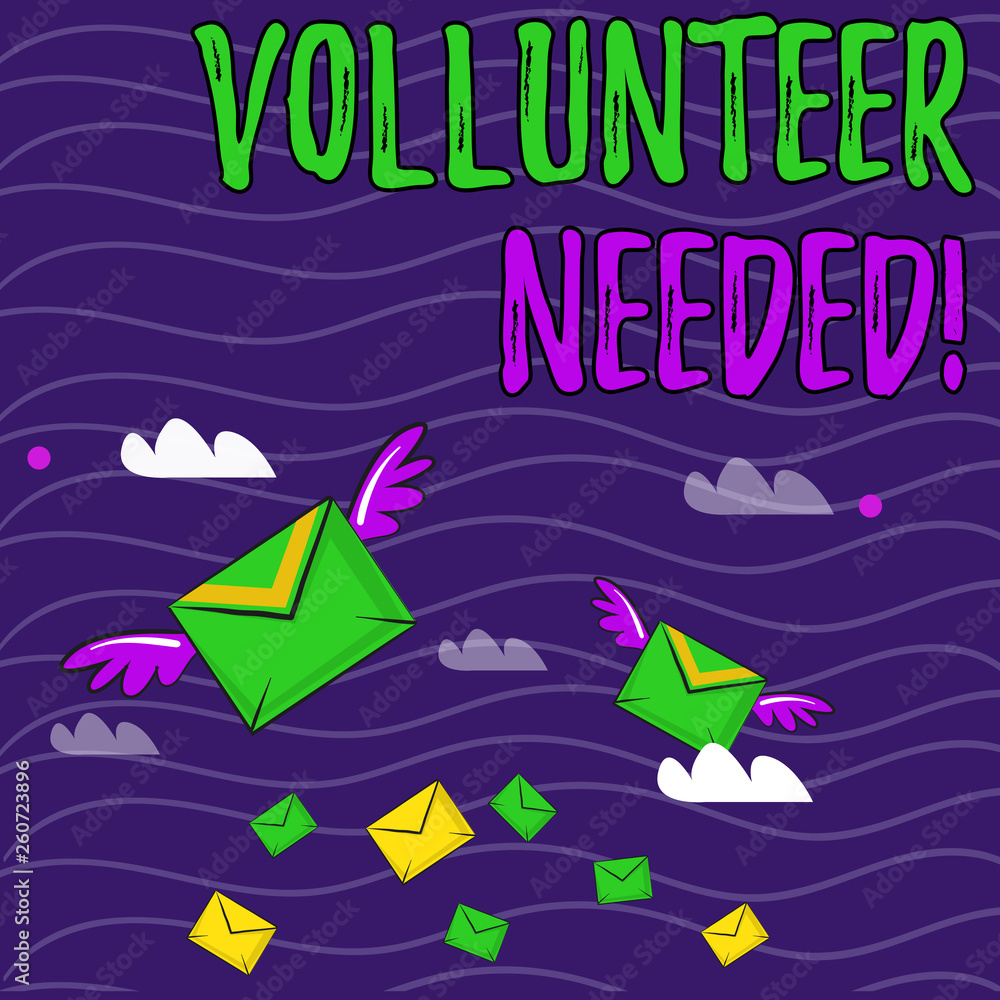 Text sign showing Volunteer Needed. Business photo showcasing need work for organization without being paid Many Colorful Airmail Flying Letter Envelopes and Two of Them with Wings Text sign showing Volunteer Needed. Business photo showcasing need work for organization without being paid Many Colorful Airmail Flying Letter Envelopes and Two of Them with Wings