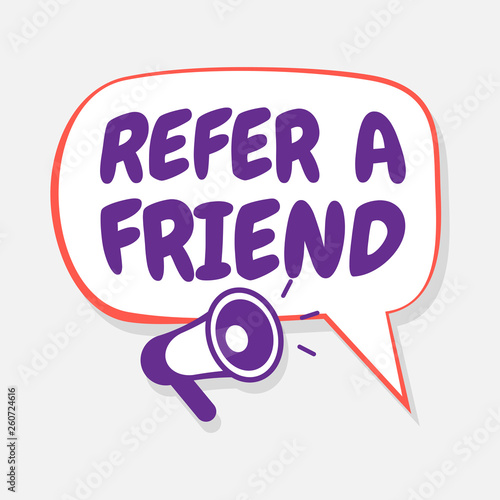 Refer a friend, loyalty program. Purple poster with loudspeaker.
