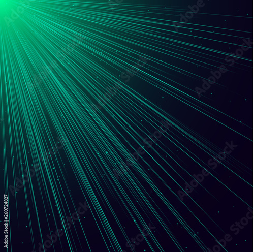 Abstract green digital background with beam of light, neon rays.