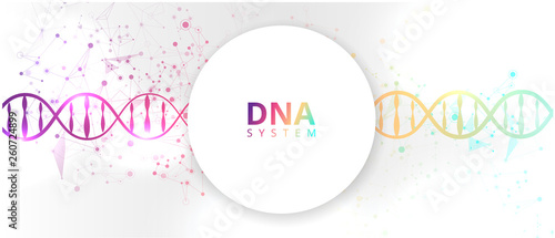 Abstract banner with DNA molecule, color helix pattern on white background.