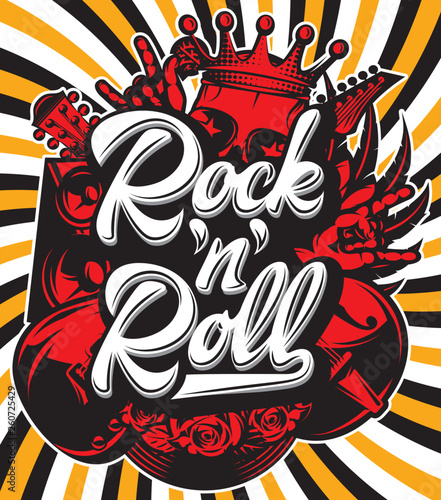 Stylish vector template for printing on the theme of rock music with a calligraphic inscription rock n roll
