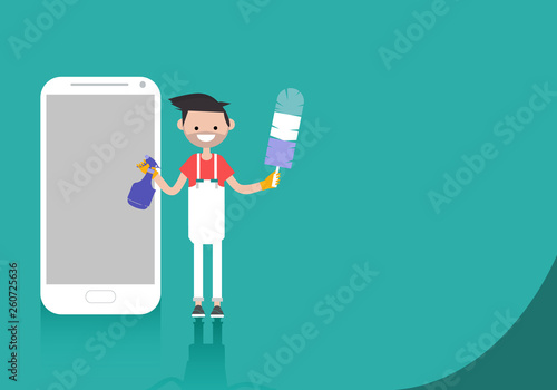 Young character cleaner standing near smartphone cleaner app.Space for your text.Flat cartoon design