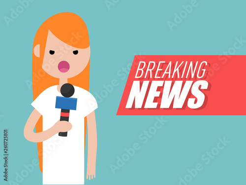 Breaking news,Young character reporter holding a microphone.Flat cartoon design
