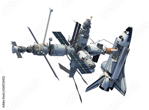Space Shuttle And Space Station Isolated On White Background photo