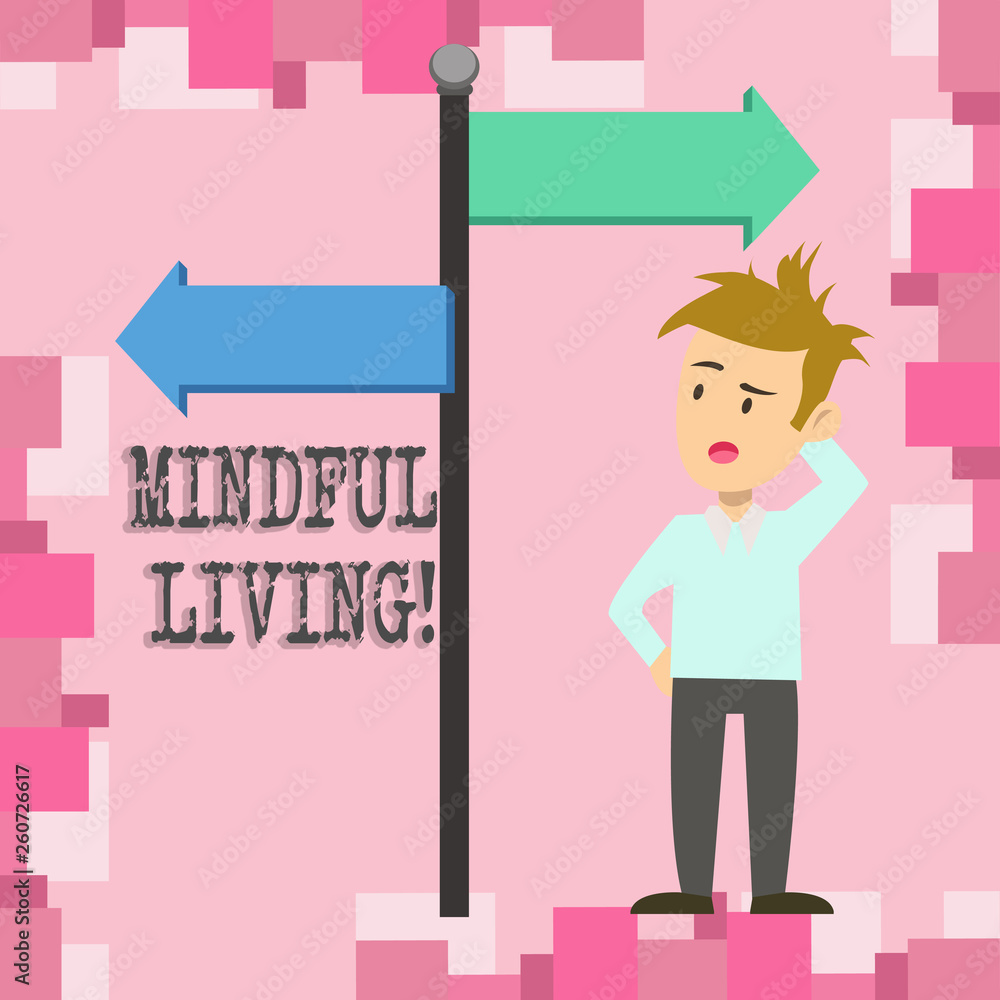 Conceptual hand writing showing Mindful Living. Concept meaning moments awareness of thoughts feelings bodily sensations Man Confused with Road Sign Pointing to Opposite Direction Conceptual hand writing showing Mindful Living. Concept meaning moments awareness of thoughts feelings bodily sensations Man Confused with Road Sign Pointing to Opposite Direction