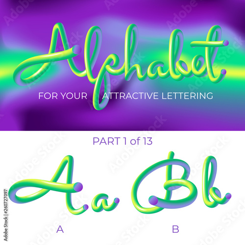 3D neon led alphabet font. Logo A letter, B letter with rounded shapes. Matte three-dimensional letters from the tube, rope green and purple.  Tube Hand-Drawn Lettering. Typography for Music Poster, S