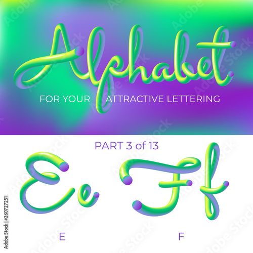 3D neon led alphabet font. Logo E letter, F letter with rounded shapes. Matte three-dimensional letters from the tube, rope green and purple.  Tube Hand-Drawn Lettering. Typography for Music Poster, S
