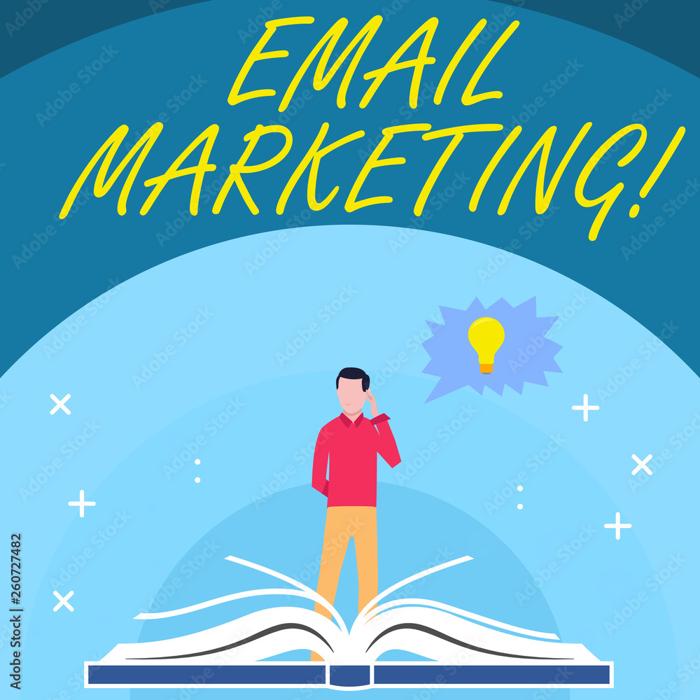 Handwriting text Email Marketing. Conceptual photo act of sending commercial message typically group of showing Man Standing Behind Open Book, Hand on Head, Jagged Speech Bubble with Bulb Handwriting text Email Marketing. Conceptual photo act of sending commercial message typically group of showing Man Standing Behind Open Book, Hand on Head, Jagged Speech Bubble with Bulb
