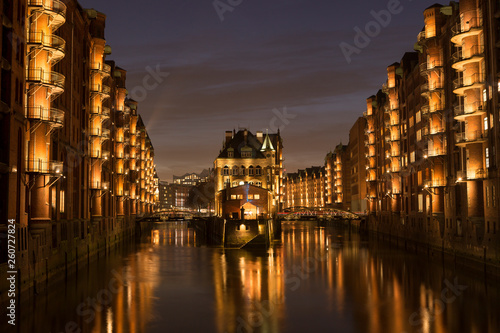 Speicherstadt of Hamburg  Germany at night