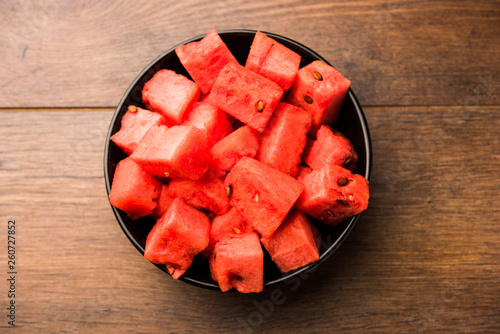 Watermelon / tarbooj fruit cube slices served in a bowl. selective focus photo