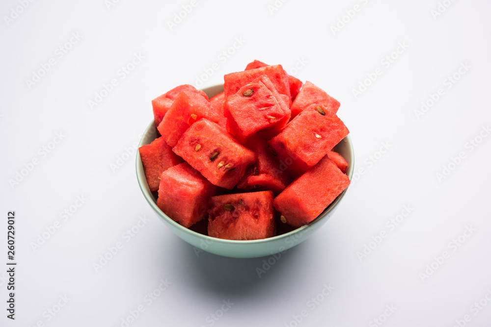 Watermelon / tarbooj fruit cube slices served in a bowl. selective focus
