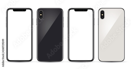Front and back of a new generation of black and white colors smartphones in high detail