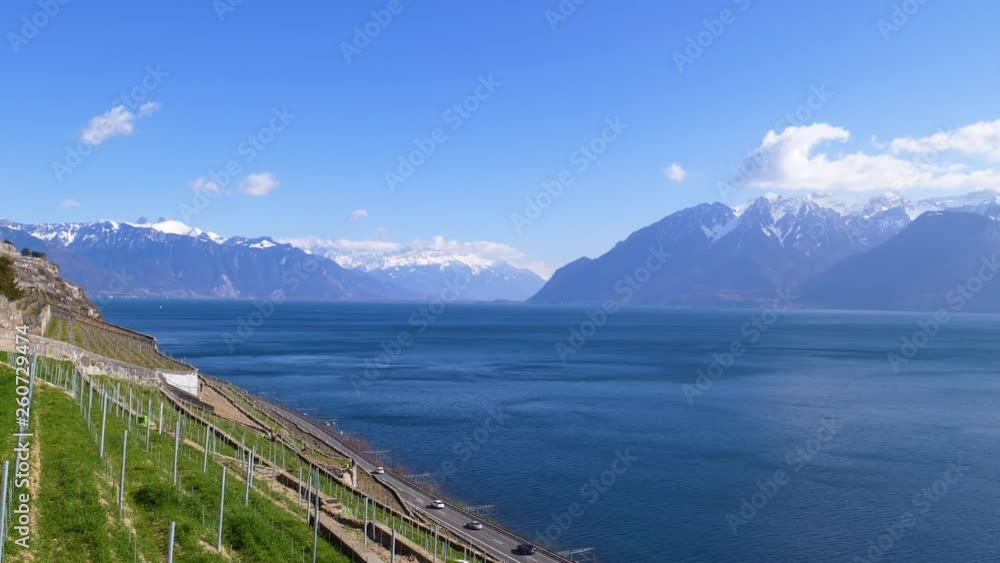 Early spring in Lavaux vineyard, static shot facing the Alps Early spring in Lavaux vineyard, static shot facing the Alps