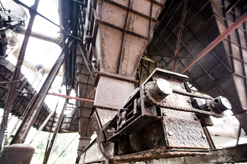 Old steel factory Retro photography Industrial, old factory, metal pipe, dark interior decoration of large hall for production or warehouse.soft focus.