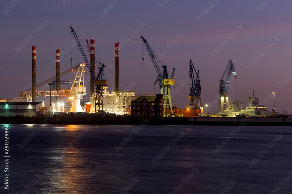 Container port in Hamburg, Germany at night