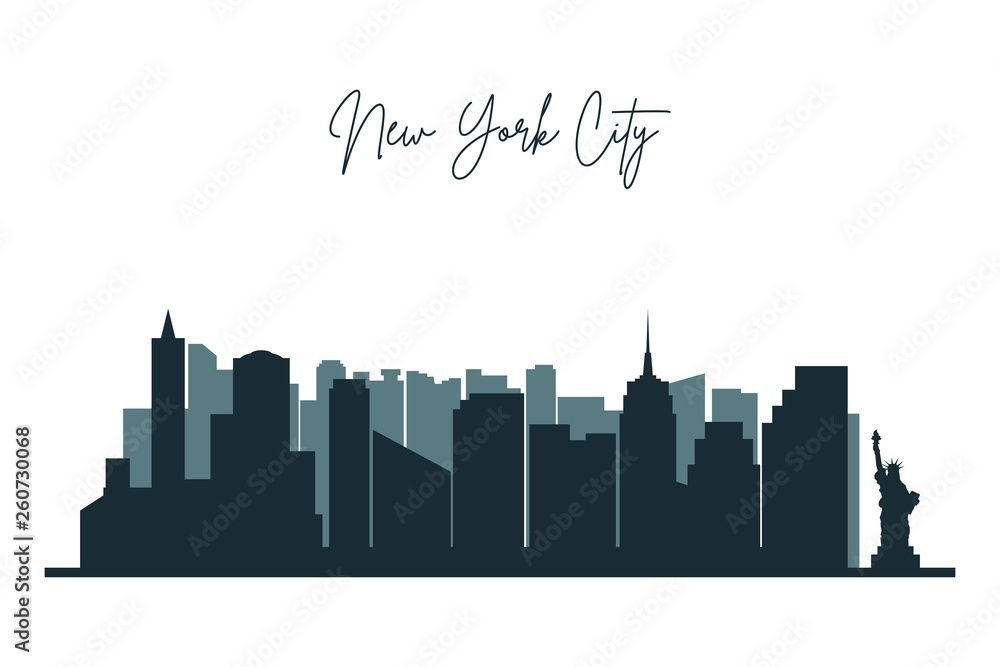Silhouette of New York city. NYC urban skyline with skyscrapers, buildings and liberty statue. Vector.