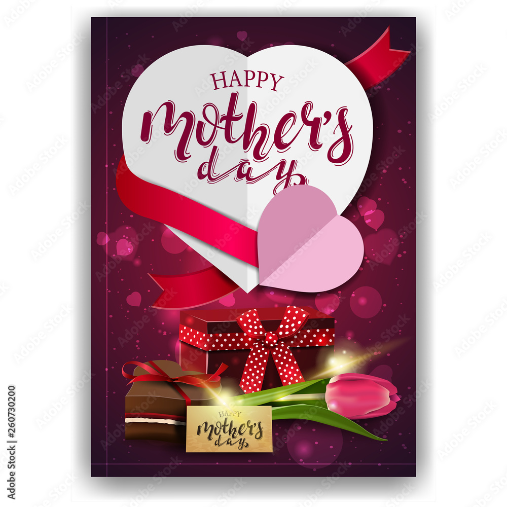 Naklejka premium Happy mother's day, modern red congratulations postcard with paper hearts, gift, Tulip and candy