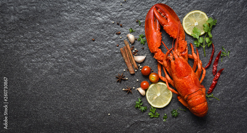 Canvas Print Red lobster seafood with lemon herbs and spices on dark backgroud top view copy