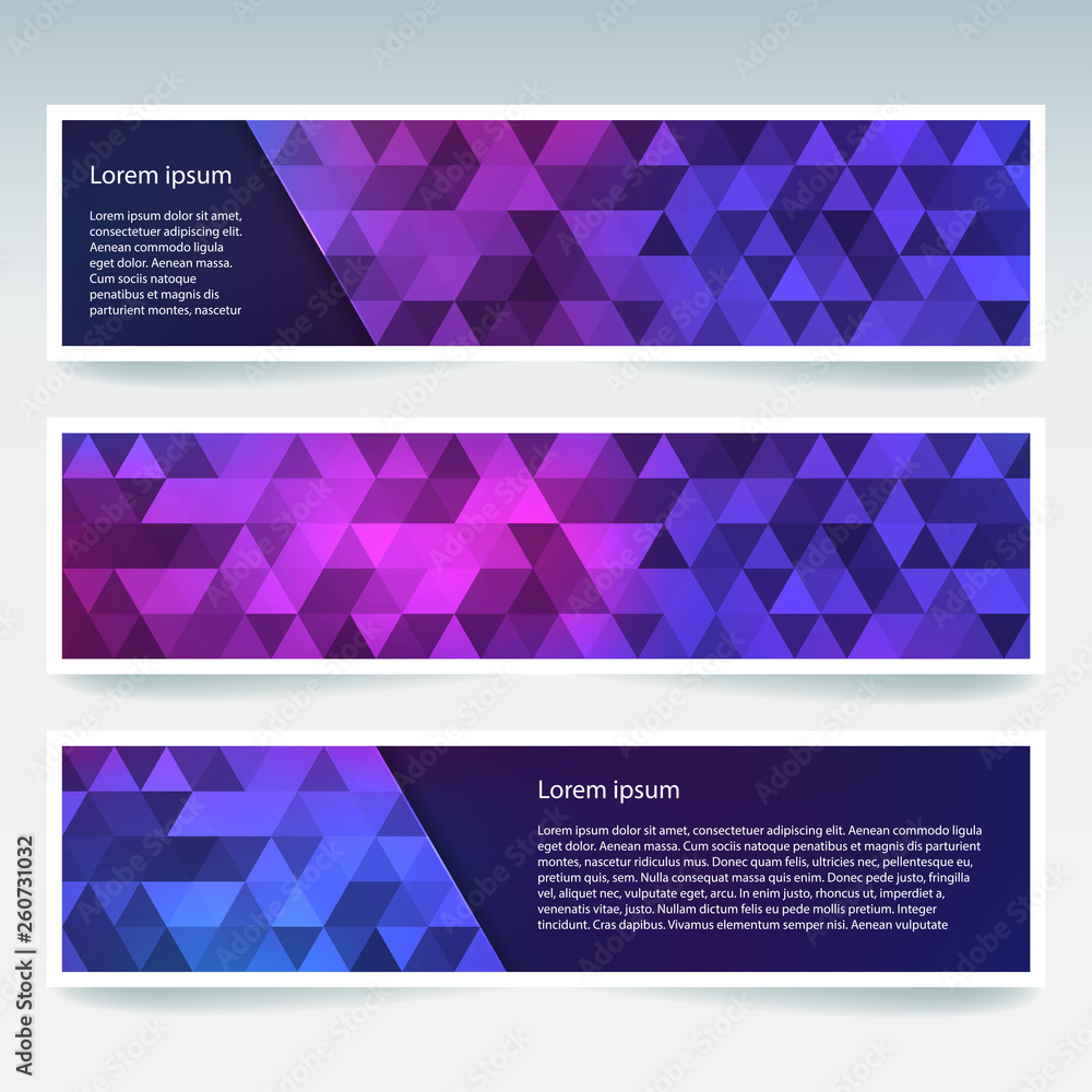 Set of banner templates with abstract background. Modern vector banners with polygonal background. Pink, purple, blue colors. Set of banner templates with abstract background. Modern vector banners with polygonal background. Pink, purple, blue colors.