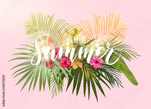 Summer tropical design for banner or flyer with exotic palm leaves, hibiscus flowers and handlettering.