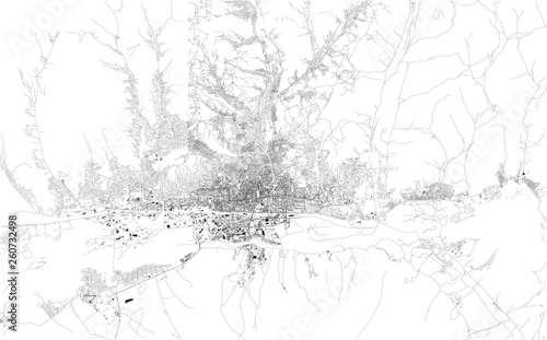 Satellite map, Ulaanbaatar, Ulan Bator is the capital and largest city of Mongolia. Located in north central Mongolia on the Tuul River. Map of streets and buildings of the town cen