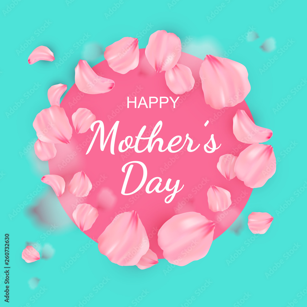 Happy Women's day poster or banner for Mother's day holiday with pink realistic petals. Vector International Women's Day on 8 March design template of pink petals pattern on green and pink background